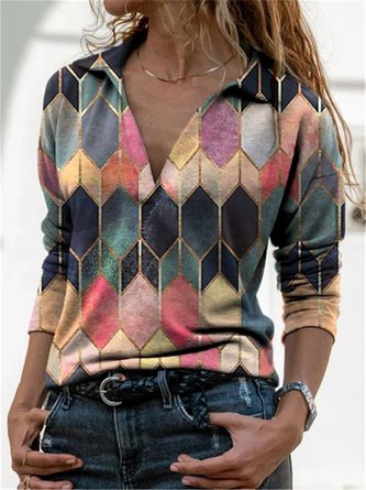 Color-Block Long Sleeve Shirt Collar Abstract Blouse MMq28