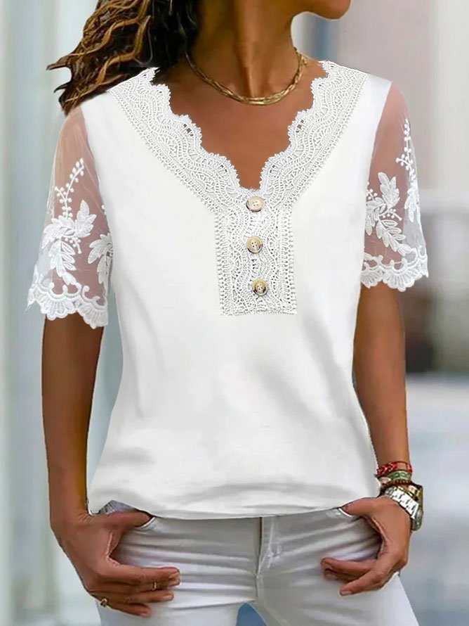 Plain Lace V Neck Casual Shirt  WS85