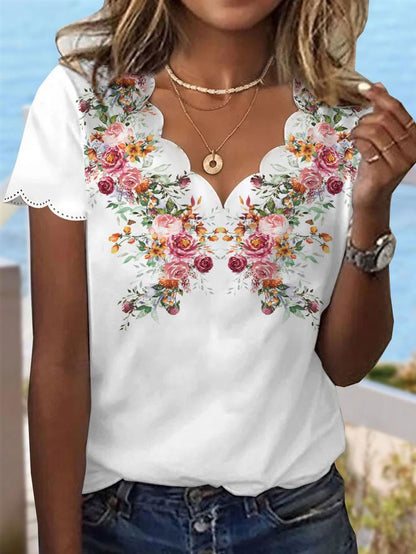 Chemise décontractée en jersey fleuri avec col en dentelle WG63