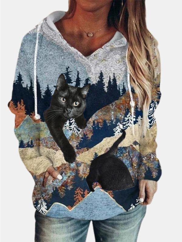 Casual Forest Cat Print Long Sleeve Hoodie Sweatshirt GA32