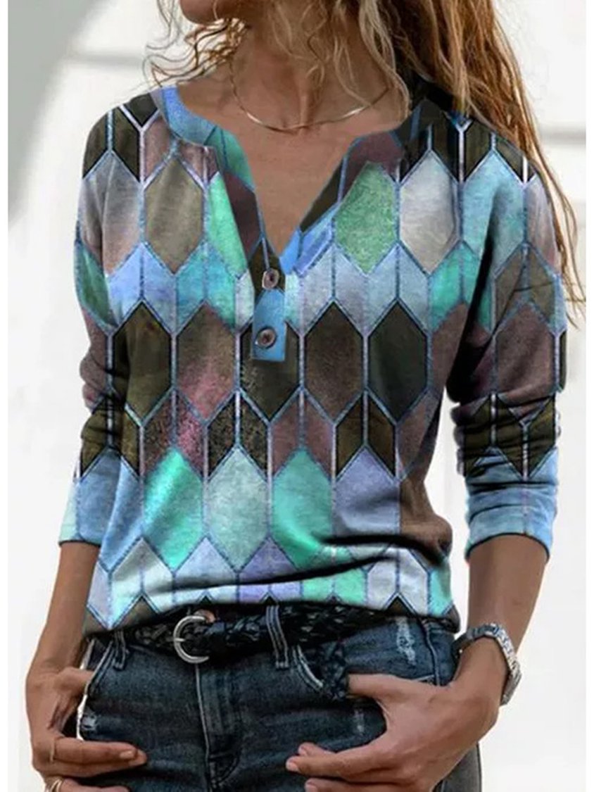 Multicolor Casual Crew Neck Geometric Long Sleeve Sweatshirt AT100115