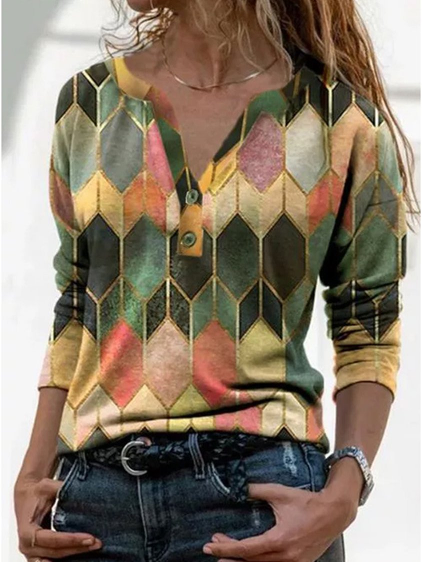 Multicolor Casual Crew Neck Geometric Long Sleeve Sweatshirt AT100115