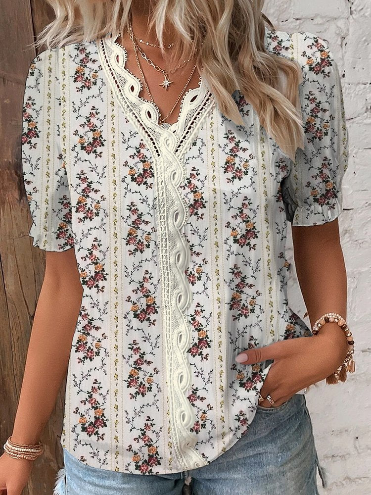 Lace Loose Casual Floral Shirt  WG106