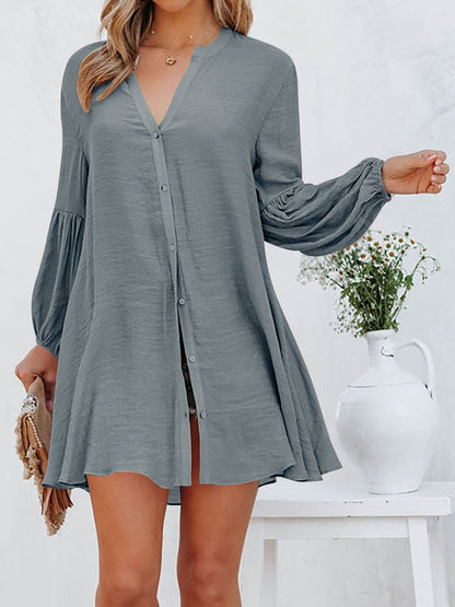 Loose V Neck Lantern Sleeve Urban Dress With No  WE84