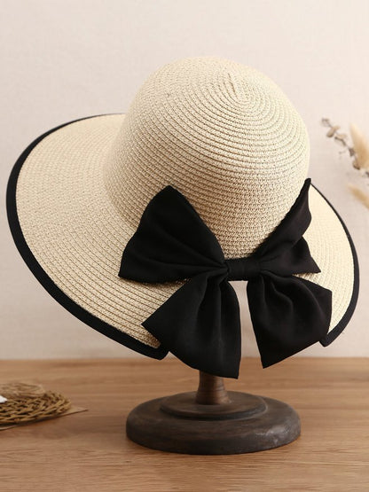 Chapeau de paille décoré avec nœud pour vacances à la plage Boho QAR117