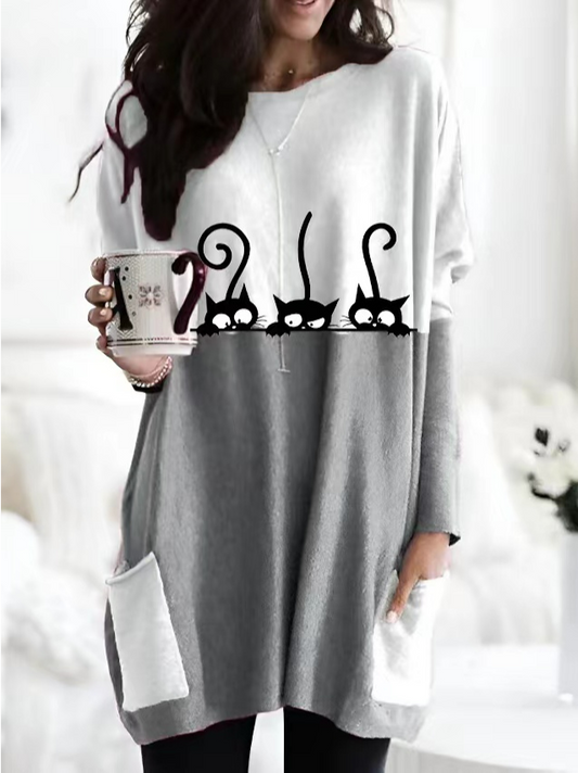 Cat Casual Batwing Sleeve Crew Neck Dress  WJ68