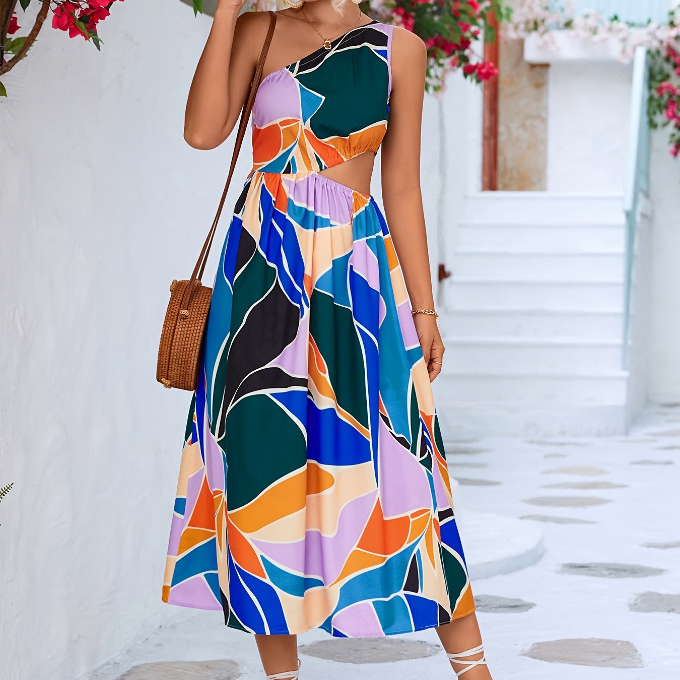 Einschultriges Kleid mit farbenfrohem Print, ärmelloses Kleid mit Cut-Outs in der Taille für Sommer &amp; Frühling, Damen C AE1013