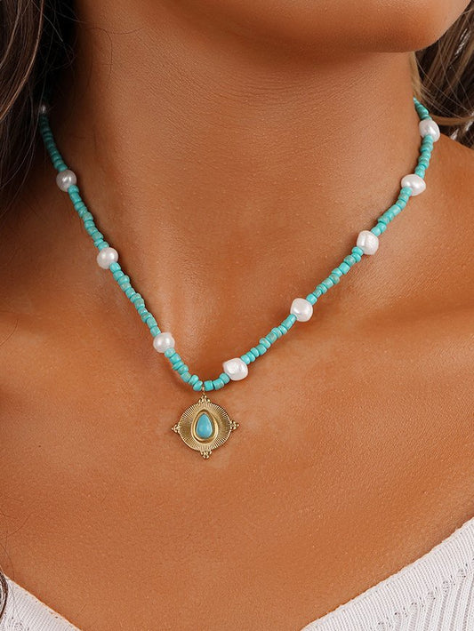 Casual Turquoise Pearl Beaded Necklace Boho Vacation Jewelry CC3