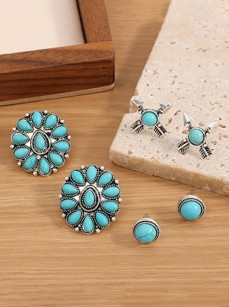 3Pcs Ethnic Style Vintage Natural Turquoise Earring Set Holiday Beach Daily Jewelry QAG50