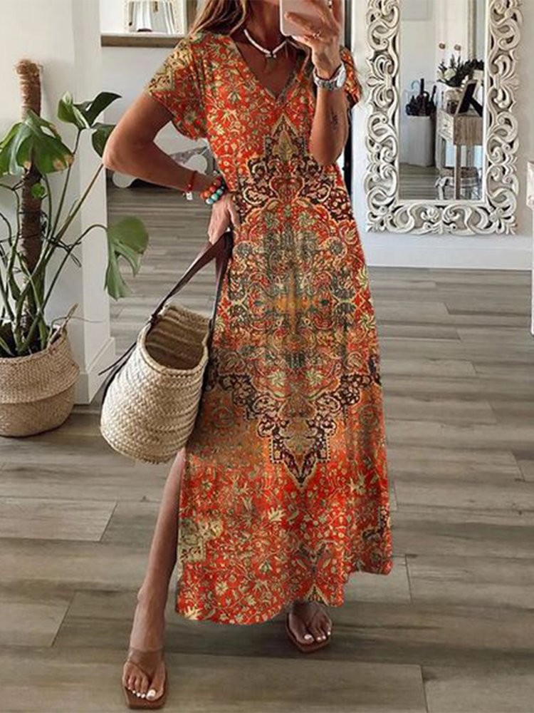 Vintage Ethnic V Neck Loose Dress  QU73