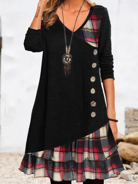 V Neck Geometric Casual Daily Long sleeve A-Line Buttoned Midi Dress  WT118