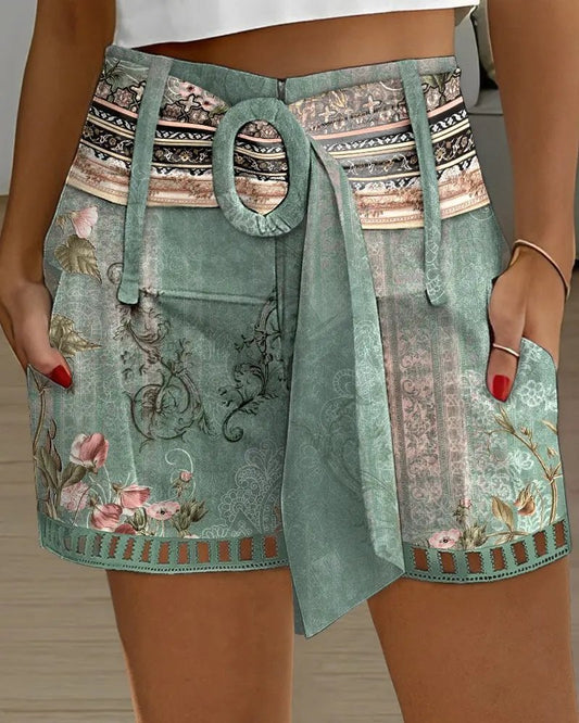 Short à ceinture ajouré à imprimé floral tribal WX97