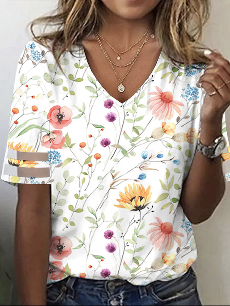 Loose Floral Casual V Neck T-Shirt  WS118