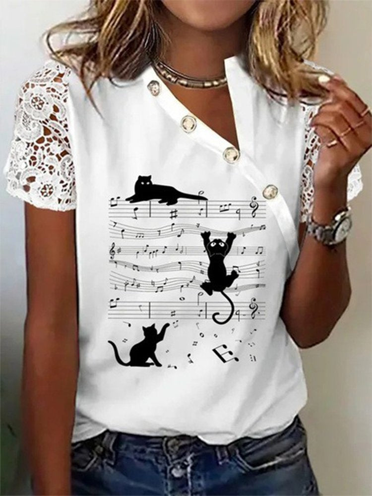 Cat Lace Short Sleeve Buckle Asymmetrical Collar Casual Shirt  QH77