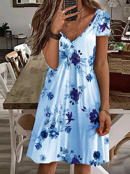 Robe en tricot à manches courtes et col en V à motif floral bohème AH306