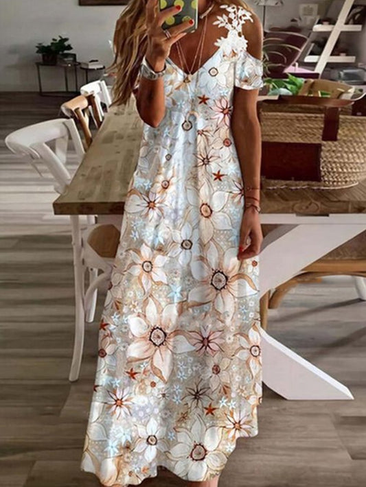 Robe de vacances en tricot à manches courtes et col en V à fleurs DK1059