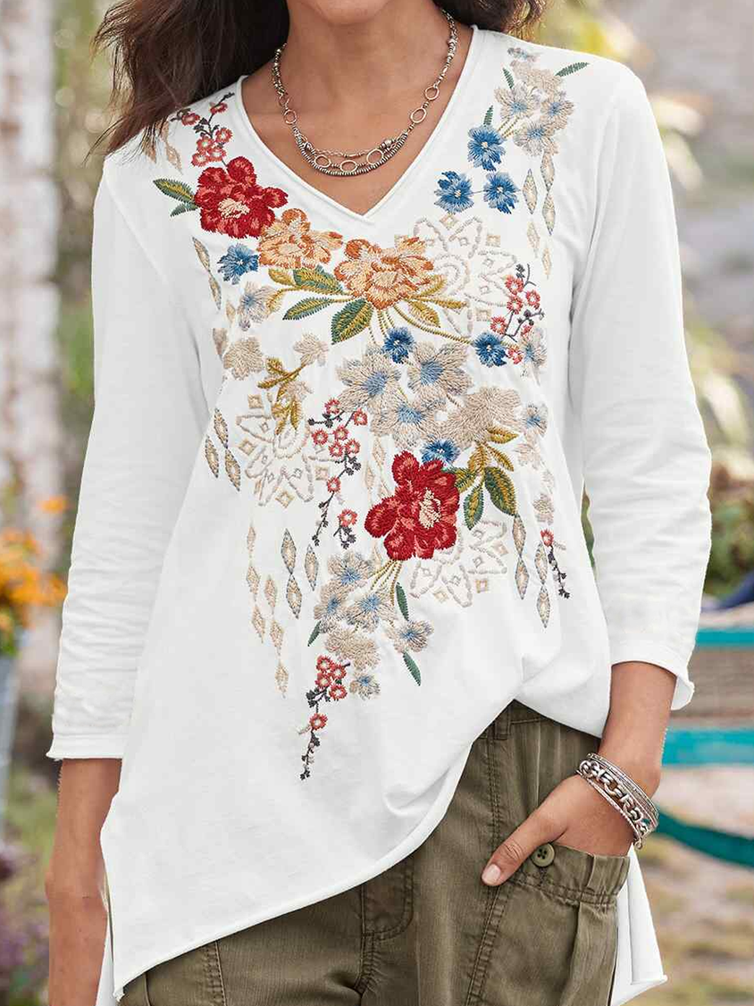 Floral Casual V Neck Embroidery T-Shirt QAF38