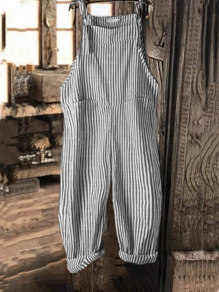 Vintage Black Gray Linen Stripes Pants Linen &amp; Cotton Romper Jumpsuits AH016