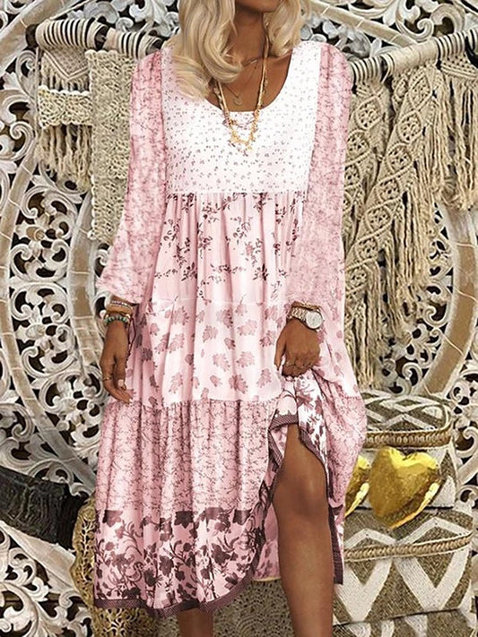 Floral Printed Long Sleeves Sweet Boho Weaving Dress  WE117