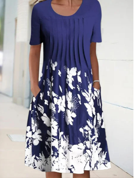 Round Neck Floral Vacation Midi Dress  WO67