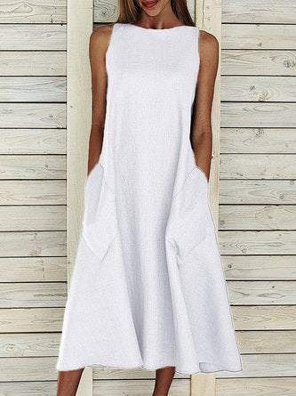 Summer Crew Neck Solid Cotton Blend Sleeveless Pocket Dress NNq14