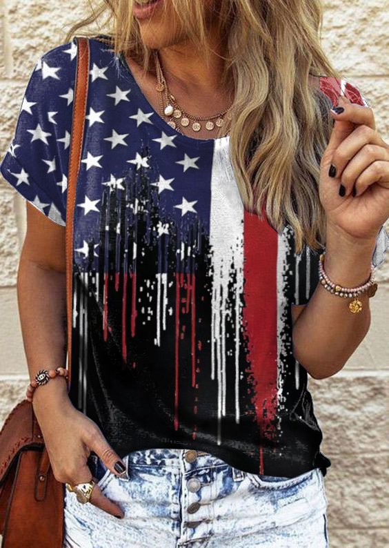 America Flag Crew Neck Casual Loose T-Shirt AA2