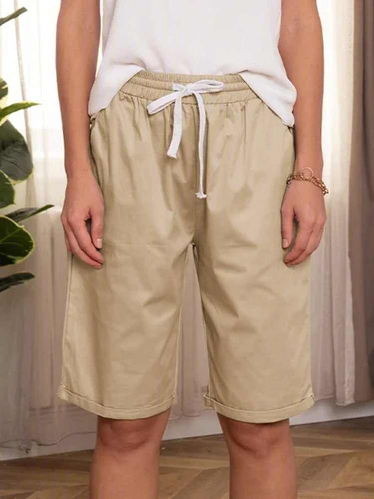 JFN Elastic Waist Solid Causal Pockets Shorts  QK96