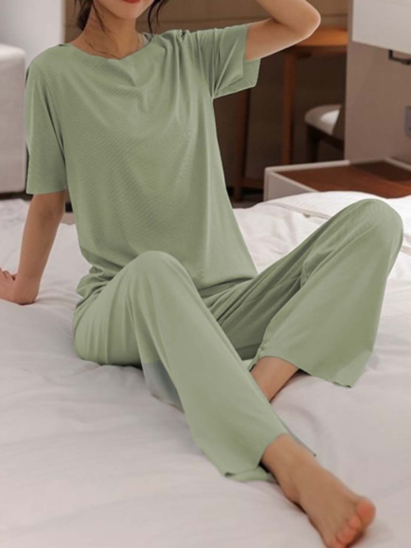 Soft and Comfortable Round Neck Short Sleeve Trousers Loose Casual Homewear Set QAR1