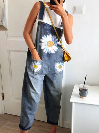 Blauer lässiger Denim-Jumpsuit und Strampler mit Blumenmuster QAJ57