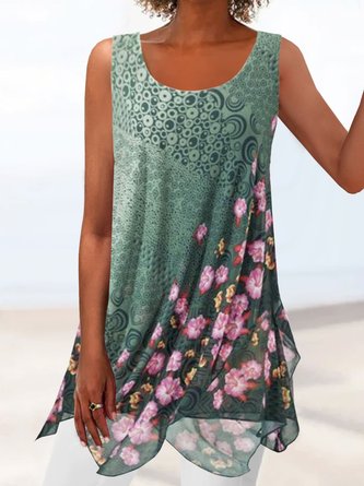 Casual Loose Floral Printed Crew Neck Chiffon Tank Top QAF55