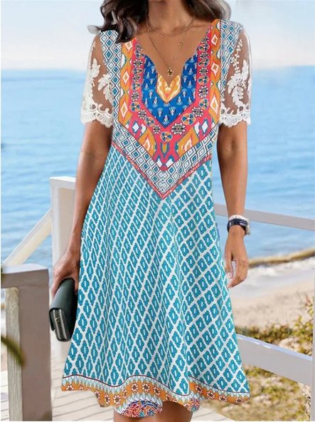 V-Ausschnitt, Spitze, Boho-Kleid mit normaler Passform AA45