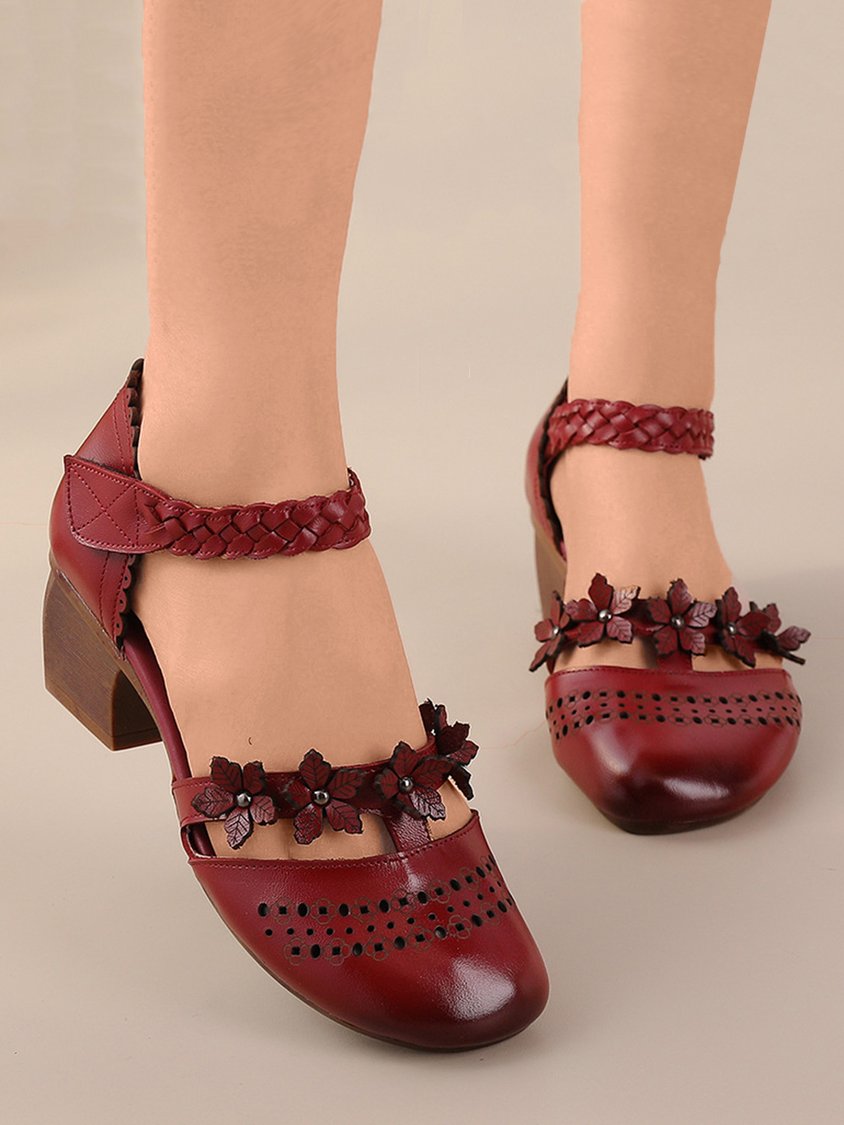 Vintage Applique Decor Braided Block Heel Cowhide Leather Sandals QAF5