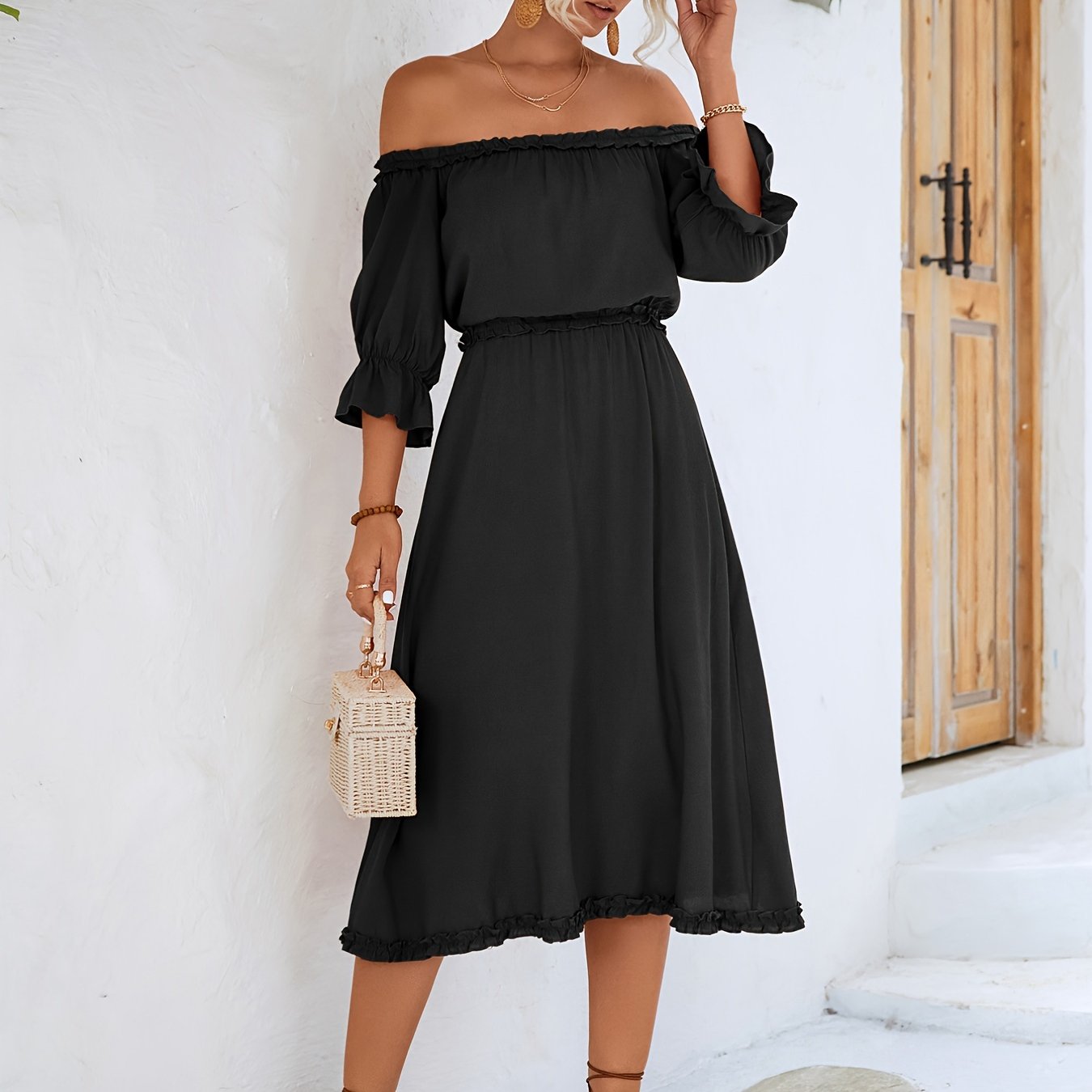 Ruffle Hem Off Shoulder Dress, Solid Short Sleeve Dress, Casual Every Day Dress, Women's Clothing AE1016