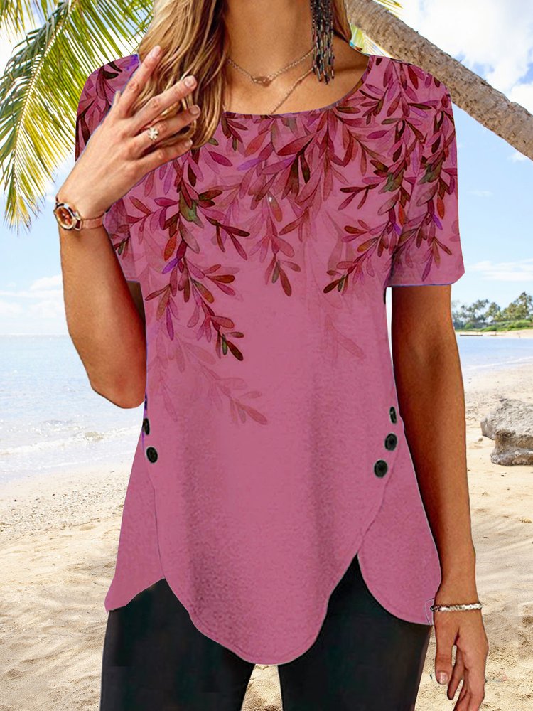 Women Round Neck Short Sleeve Leaf Print Buttoned Holiday Tunic T-Shirt  cc181