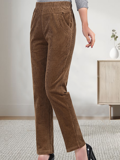 Pantalon ample en velours côtelé uni pour femme avec taille élastique et poches WD108