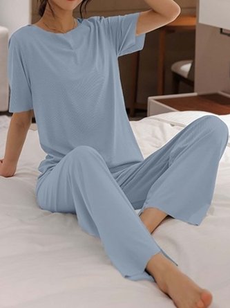 Soft and Comfortable Round Neck Short Sleeve Trousers Loose Casual Homewear Set QAR1