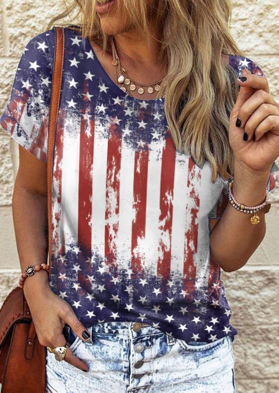 America Flag Casual Crew Neck T-Shirt CC15