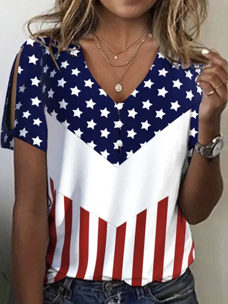 Loose Casual V Neck Independence Day Shirt  WI109