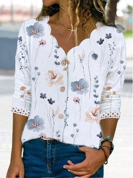 Floral Loose V Neck Knitted Casual Shirt  QV84