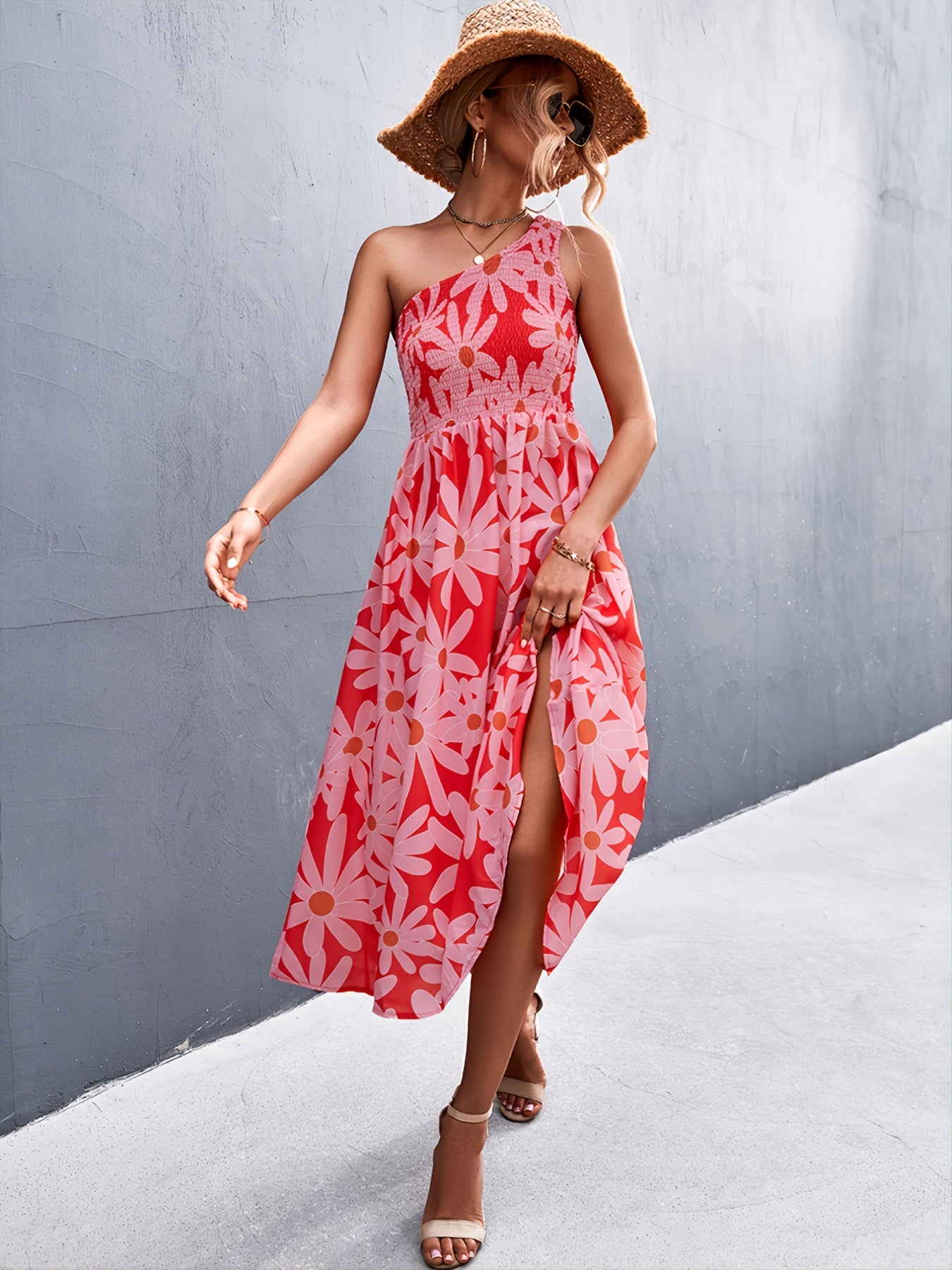 Women's Dresses One Shoulder Sleeveless Casual Summer Vacation Dresses Smocked High Waist Floral Pri AE1011