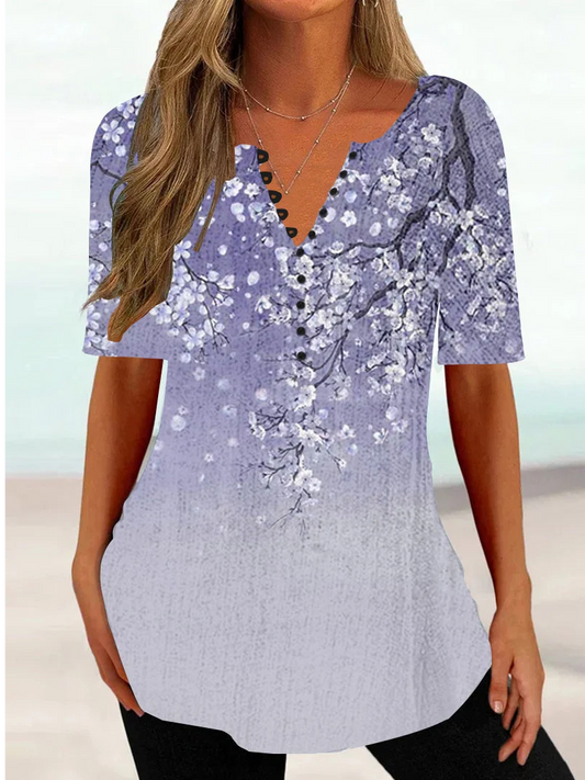 Casual Floral V Neck Buckle Shirt AA14