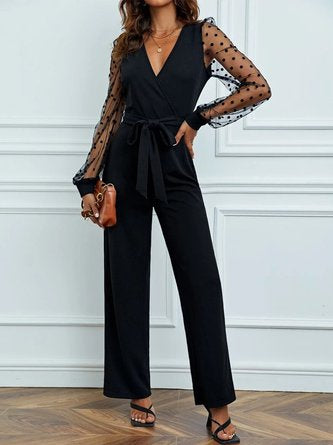 Plain Long Sleeve V Neck Lace-Up Casual V Neck Jumpsuit CH37