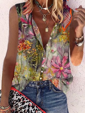 Casual Floral Sleeveless Stand Collar Printed Blouse CZ18