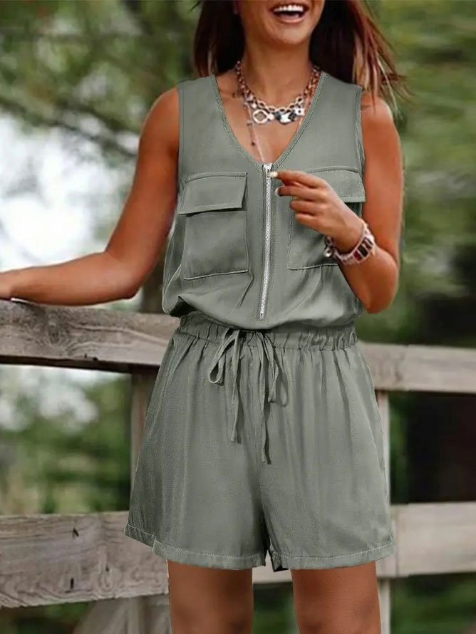 Pocket Decor Drawstring Sleeveless Romper  WX78