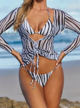 Vacation Striped V Neck Bikini With Cover Up QAJ14
