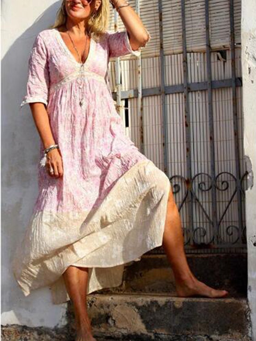 Pink Printed V Neck Boho Weaving Dress DK108