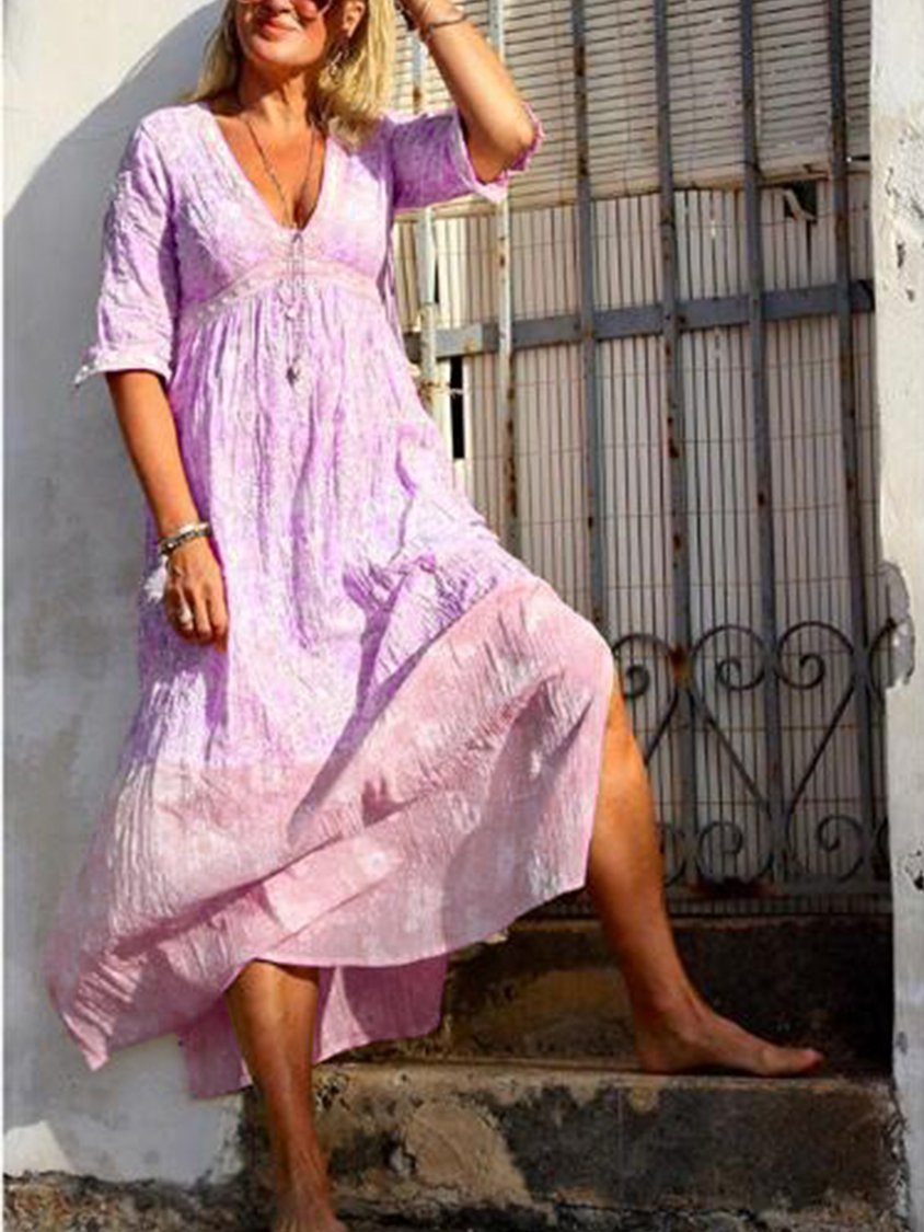 Pink Printed V Neck Boho Weaving Dress DK108