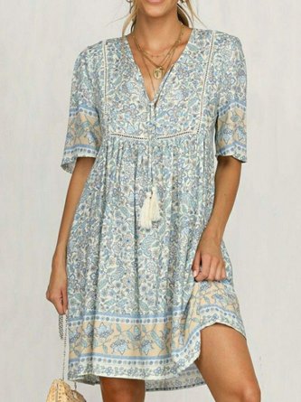 Light Blue Half Sleeve Cotton-Blend Dress NNq34