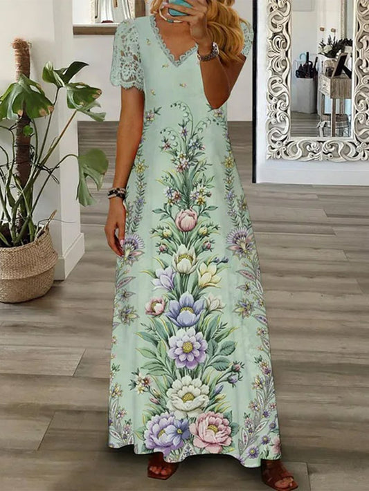 Regular Fit Floral Vacation V Neck Dress AH370