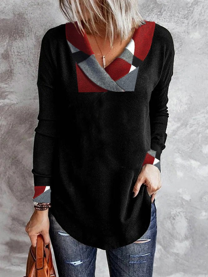 Casual Cross Neck Color Block Top ap78